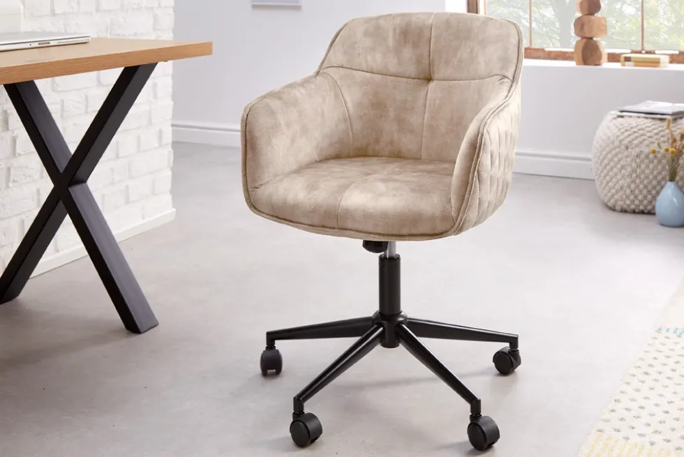 Höhenverstellbarer Design Bürostuhl EUPHORIA champagner greige Samt drehbar Ziersteppung