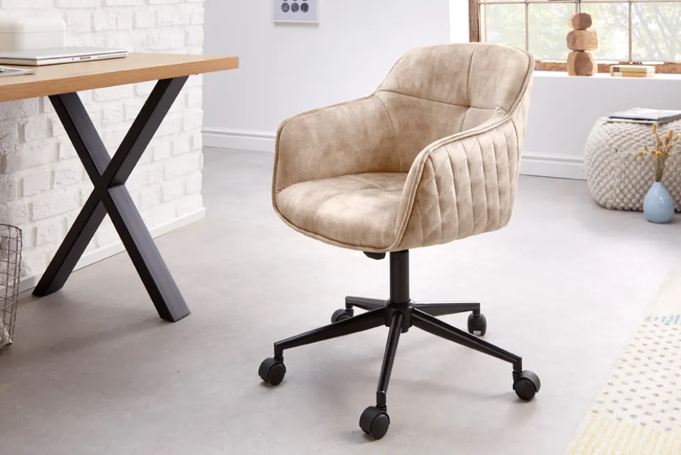Höhenverstellbarer Design Bürostuhl EUPHORIA champagner greige Samt drehbar Ziersteppung