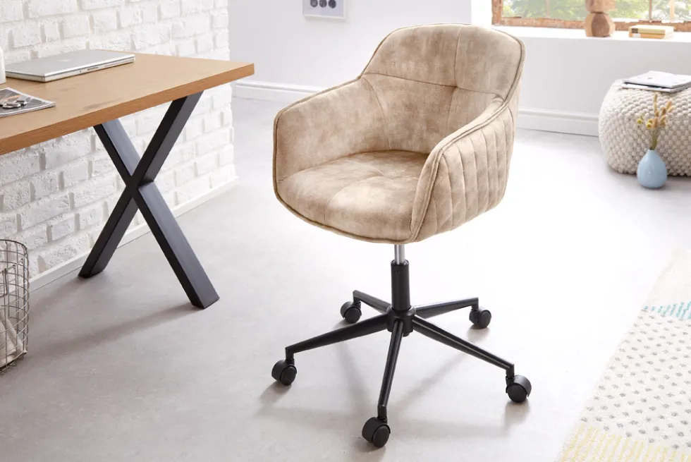 Höhenverstellbarer Design Bürostuhl EUPHORIA champagner greige Samt drehbar Ziersteppung
