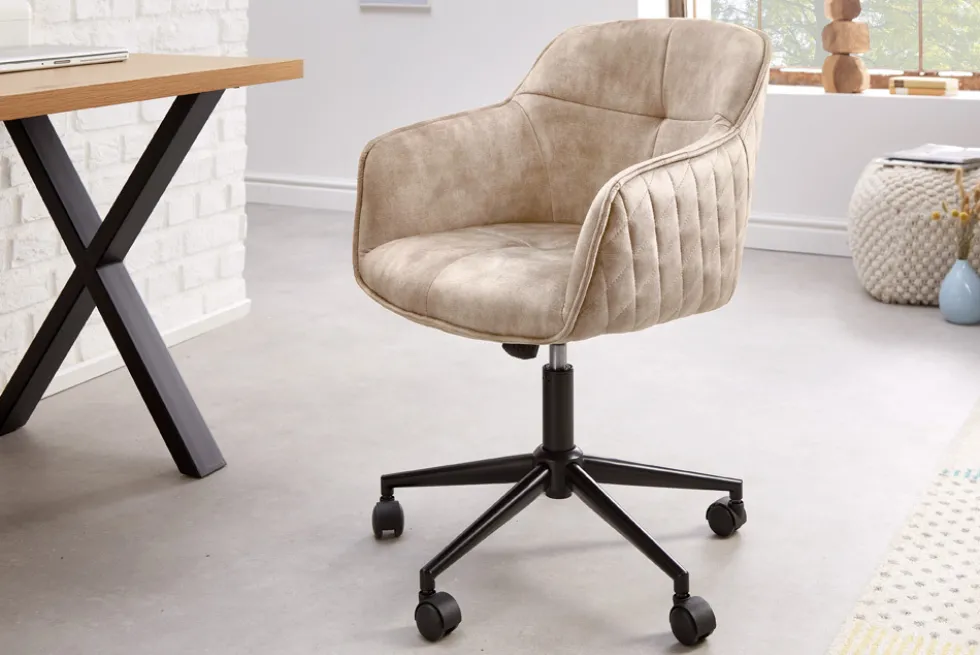 Höhenverstellbarer Design Bürostuhl EUPHORIA champagner greige Samt drehbar Ziersteppung