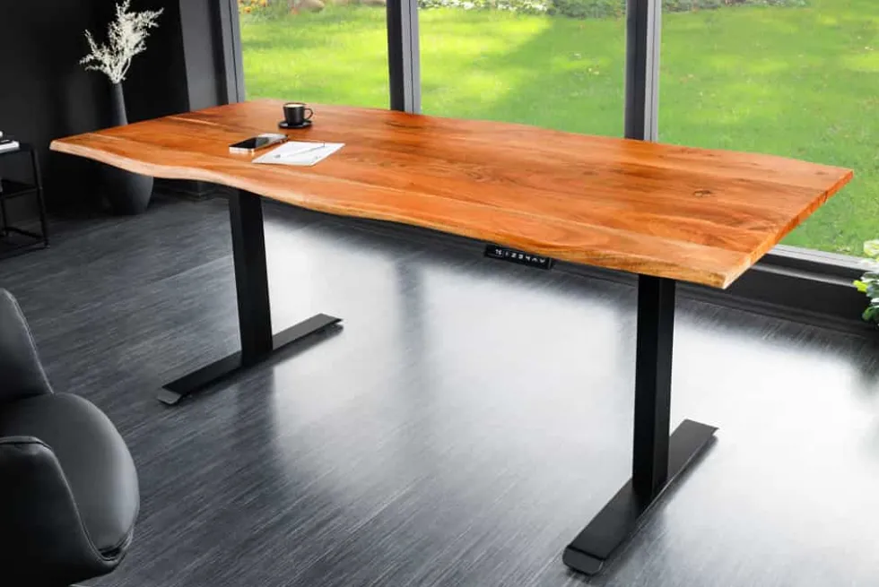 Höhenverstellbarer Schreibtisch MAMMUT 140cm natur Akazie Massivholz Baumkante