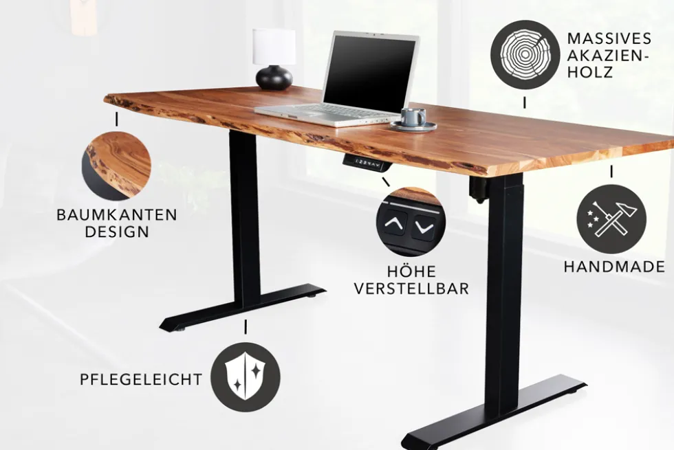 Höhenverstellbarer Schreibtisch MAMMUT 160cm natur Akazie Massivholz Baumkante