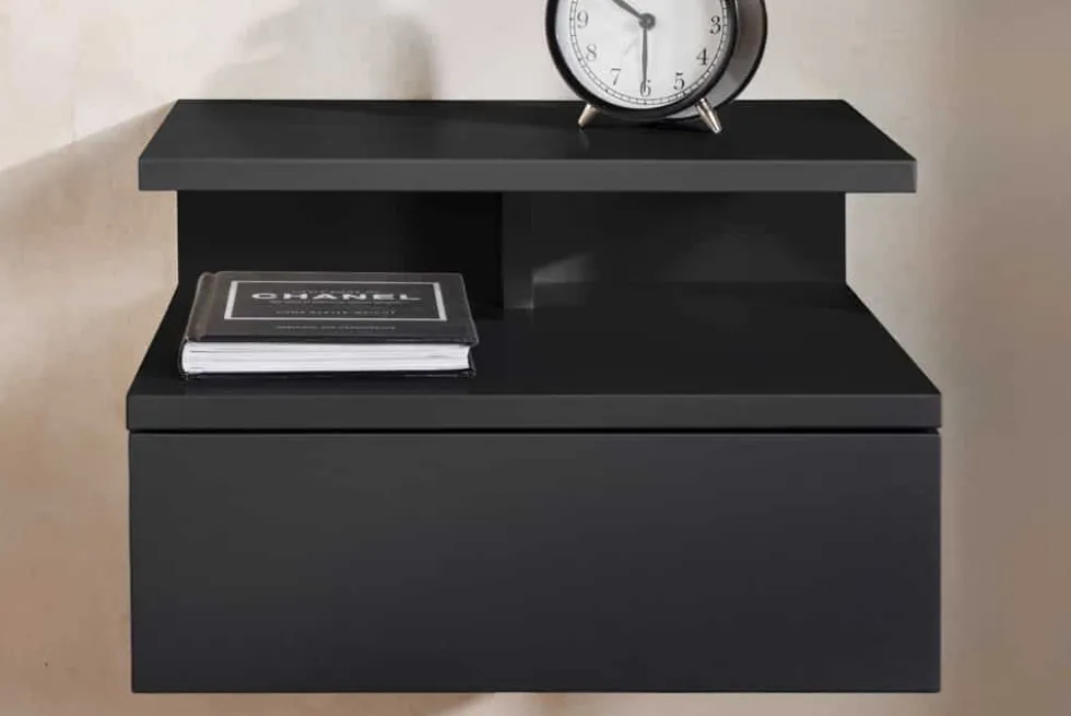 Hängender Nachttisch FLOATING 35cm schwarz Regal mit Schublade
