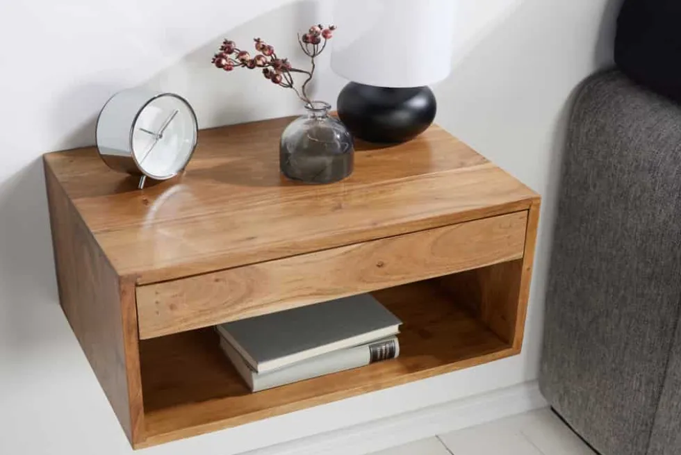Hängender Nachttisch PURE 50cm braun Akazie Massivholz honey finish Schublade