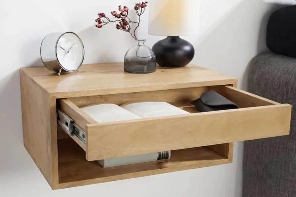 Hängender Nachttisch PURE 50cm natur Mangoholz cream finish Wandregal Schublade