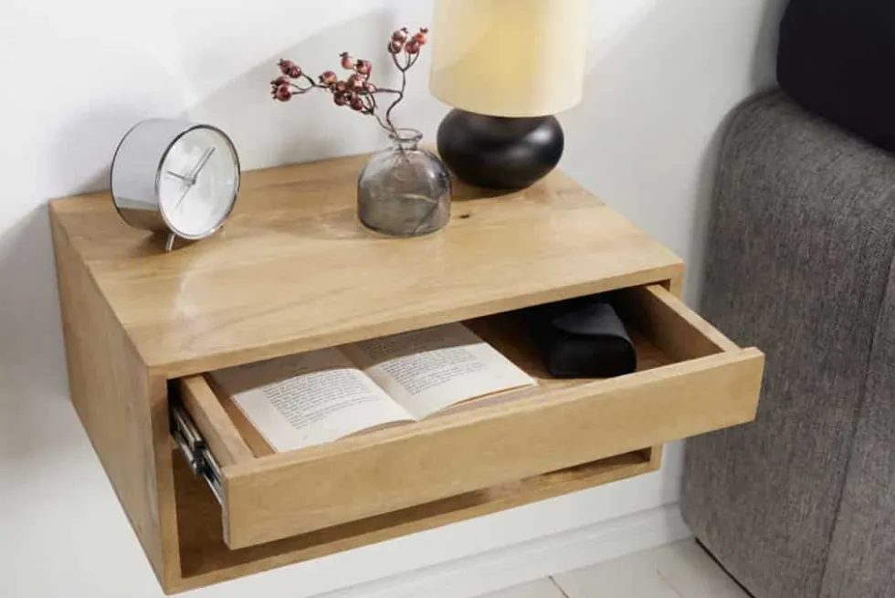 Hängender Nachttisch PURE 50cm natur Mangoholz cream finish Wandregal Schublade