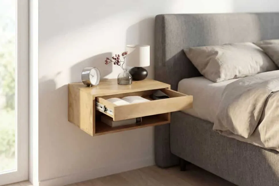 Hängender Nachttisch PURE 50cm natur Mangoholz cream finish Wandregal Schublade