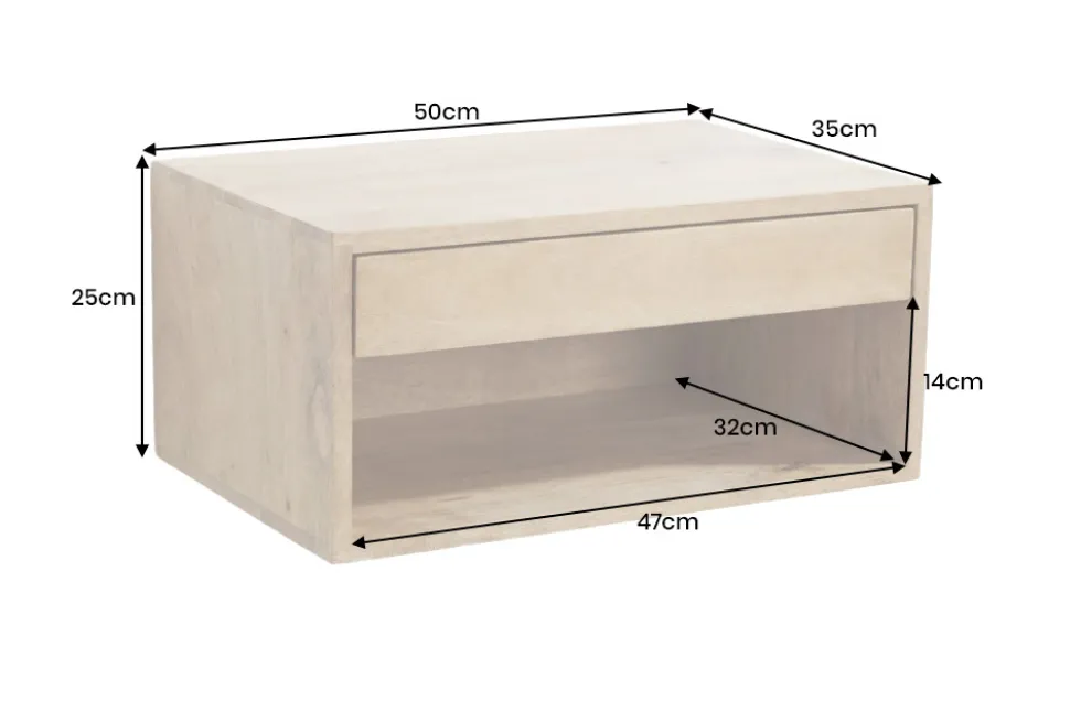 Hängender Nachttisch PURE 50cm natur Mangoholz cream finish Wandregal Schublade