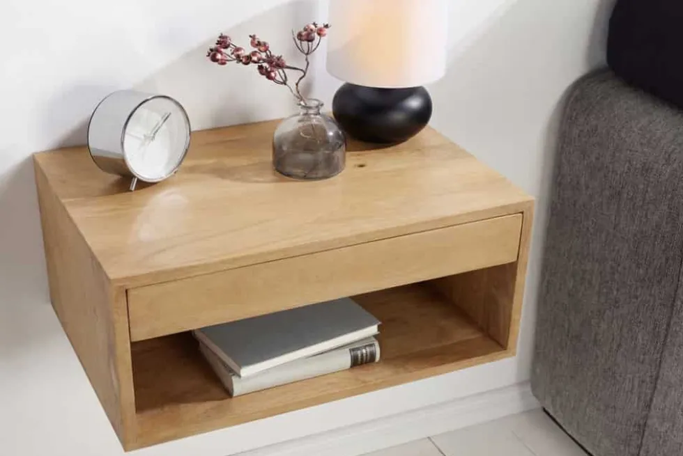 Hängender Nachttisch PURE 50cm natur Mangoholz cream finish Wandregal Schublade