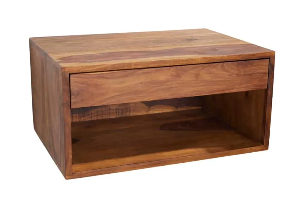 Hängender Nachttisch PURE 50cm braun Sheesham Massivholz stone finish Regal Schublade