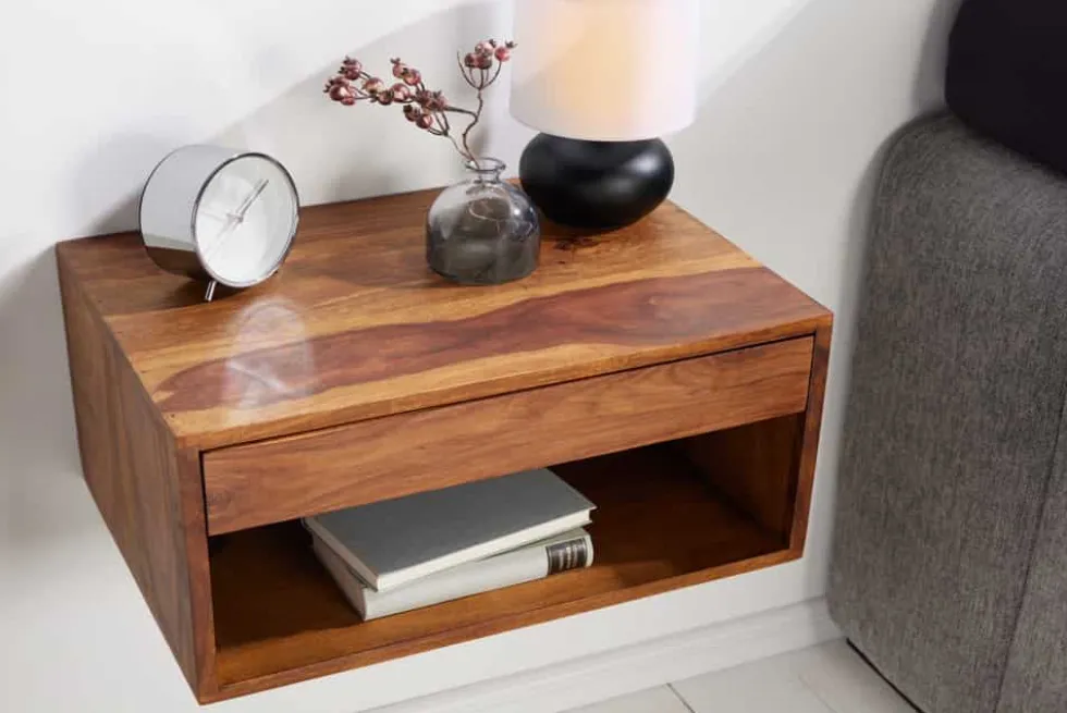 Hängender Nachttisch PURE 50cm braun Sheesham Massivholz stone finish Regal Schublade