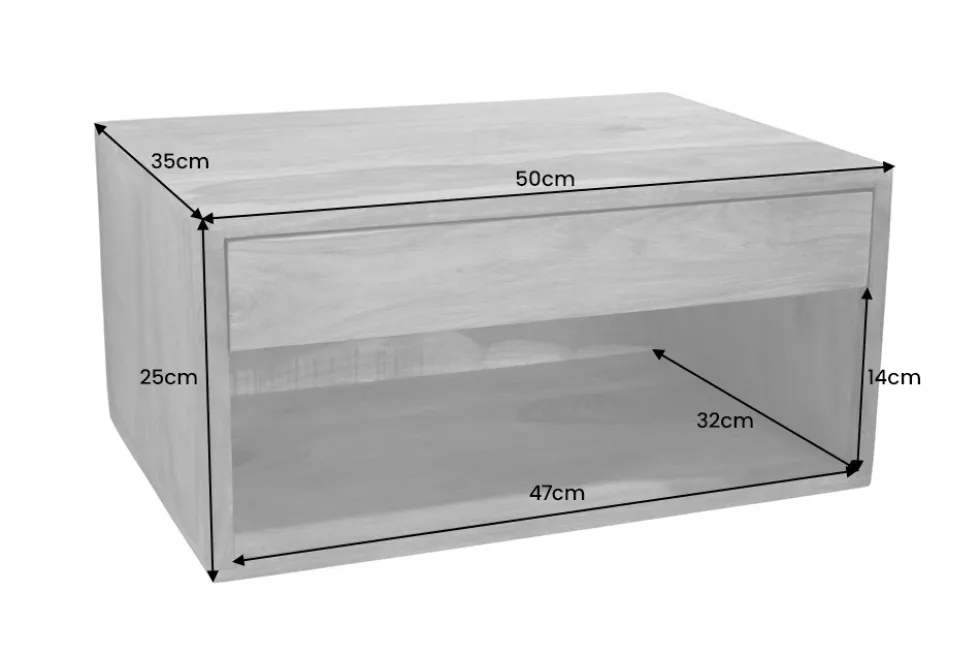 Hängender Nachttisch PURE 50cm braun Sheesham Massivholz stone finish Regal Schublade