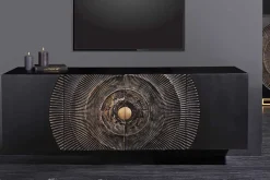 Hängendes Sideboard GOLDEN SUNSET 180cm schwarz mit 3D Schnitzereien gold massiv Mangoholz handmade
