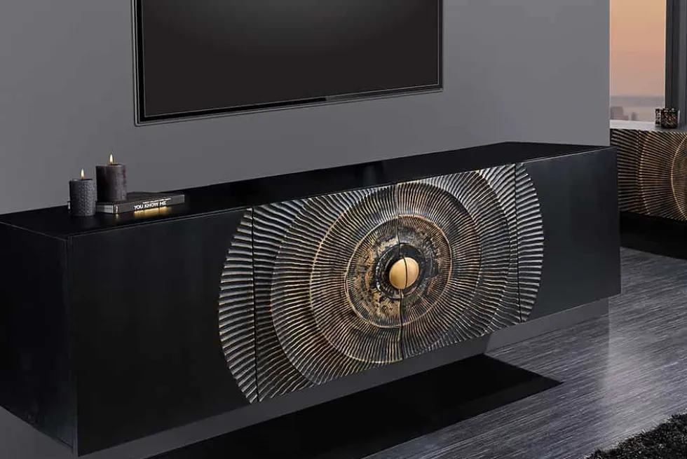 Hängendes Sideboard GOLDEN SUNSET 180cm schwarz mit 3D Schnitzereien gold massiv Mangoholz handmade