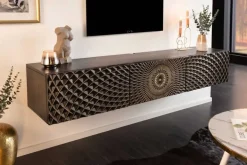 Hängendes TV-Board ILLUSION 160cm schwarz Mangoholz Massivholz mit 3D Schnitzereien gold