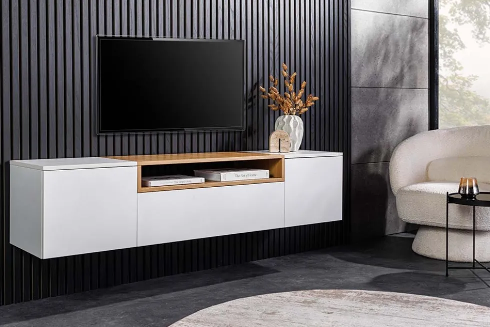 Hängendes TV-Board LOFT 160cm weiß natur drei Fächer mit Schublade