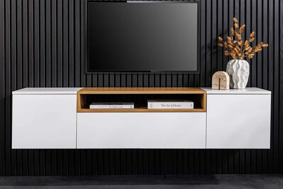 Hängendes TV-Board LOFT 160cm weiß natur drei Fächer mit Schublade