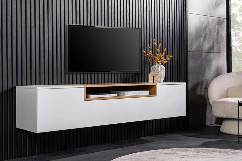 Hängendes TV-Board LOFT 160cm weiß natur drei Fächer mit Schublade