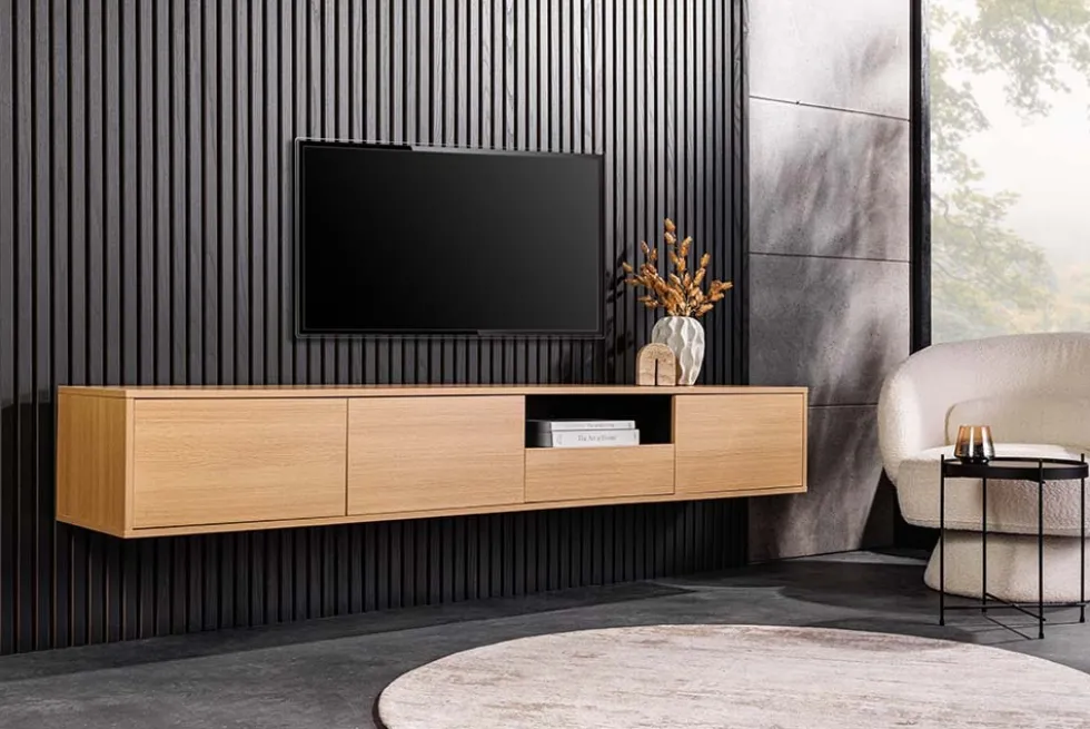 Hängendes TV-Board LOFT 200cm natur schwarz sieben Fächer mit Schublade