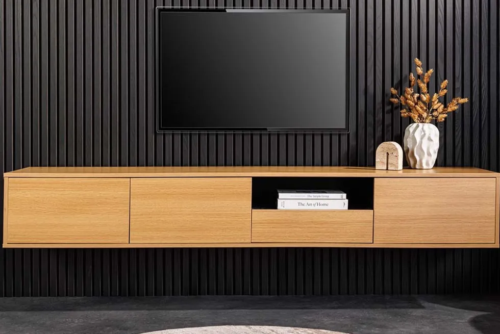 Hängendes TV-Board LOFT 200cm natur schwarz sieben Fächer mit Schublade