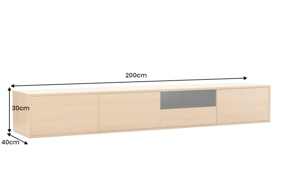 Hängendes TV-Board LOFT 200cm natur schwarz sieben Fächer mit Schublade