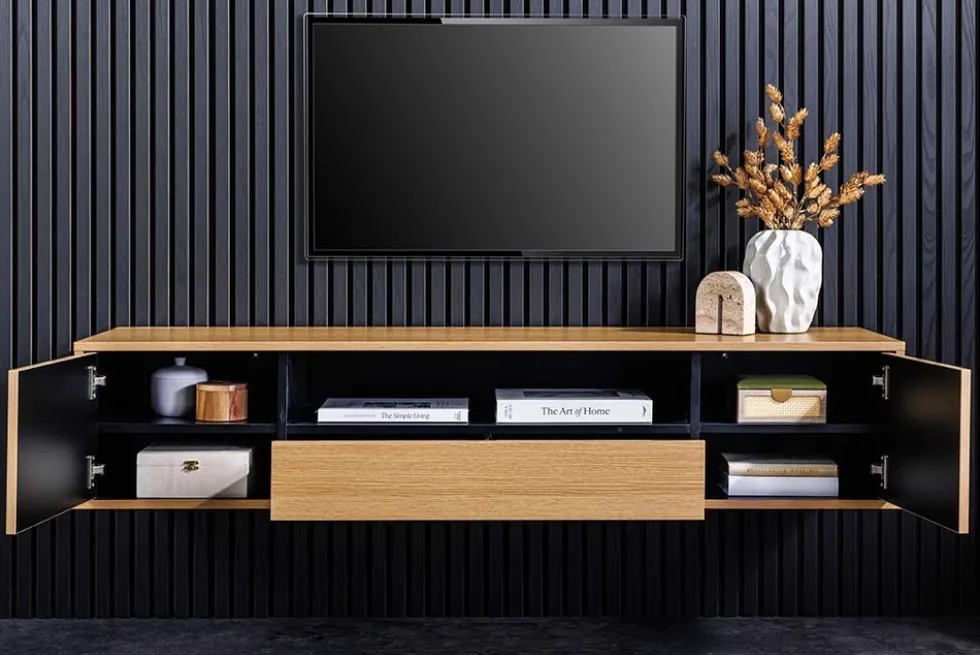 Hängendes TV-Board LOFT 150cm natur schwarz fünf Fächer mit Schublade