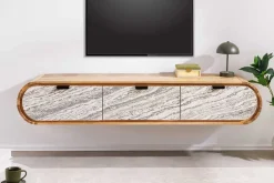 Hängendes TV-Board ORGANIC 160cm natur Akazie schwarz weiß Steinfurnier Schubladen