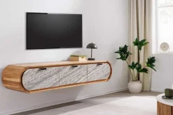 Hängendes TV-Board ORGANIC 160cm natur Akazie schwarz weiß Steinfurnier Schubladen
