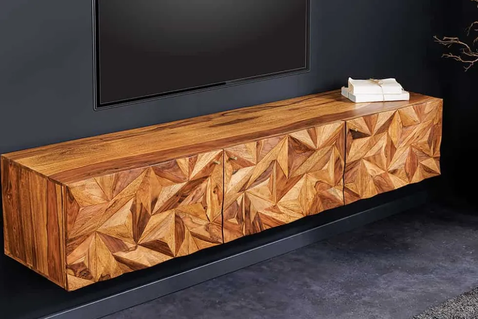 Hängendes TV-Lowboard ALPINE 160cm braun Sheesham Massivholz stone finish Metall gold