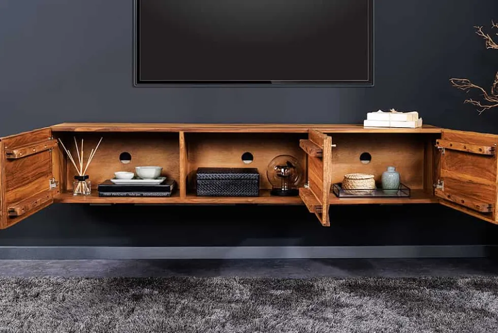 Hängendes TV-Lowboard ALPINE 160cm braun Sheesham Massivholz stone finish Metall gold