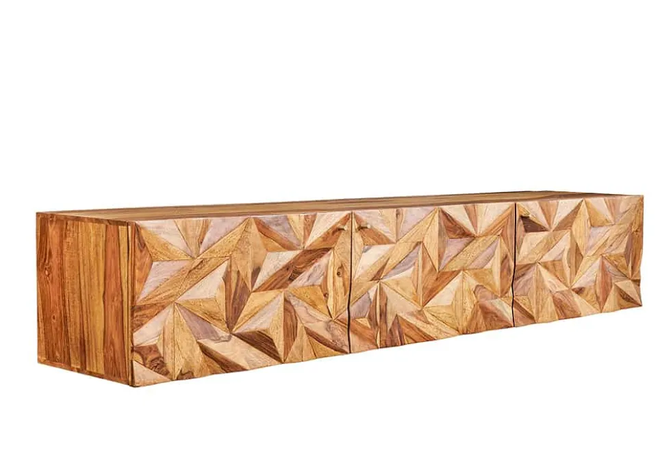 Hängendes TV-Lowboard ALPINE 160cm braun Sheesham Massivholz stone finish Metall gold