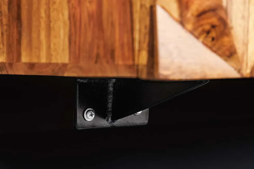 Hängendes TV-Lowboard ALPINE 160cm braun Sheesham Massivholz stone finish Metall gold