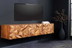 Hängendes TV-Lowboard ALPINE 160cm braun Sheesham Massivholz stone finish Metall gold
