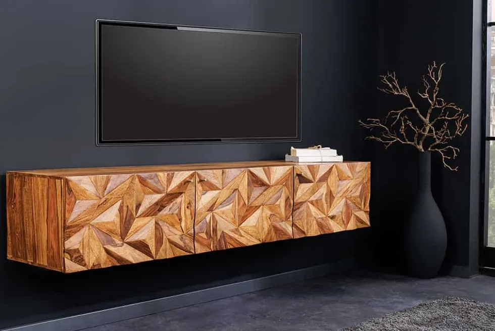 Hängendes TV-Lowboard ALPINE 160cm braun Sheesham Massivholz stone finish Metall gold