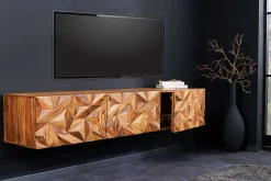 Hängendes TV-Lowboard ALPINE 160cm braun Sheesham Massivholz stone finish Metall gold