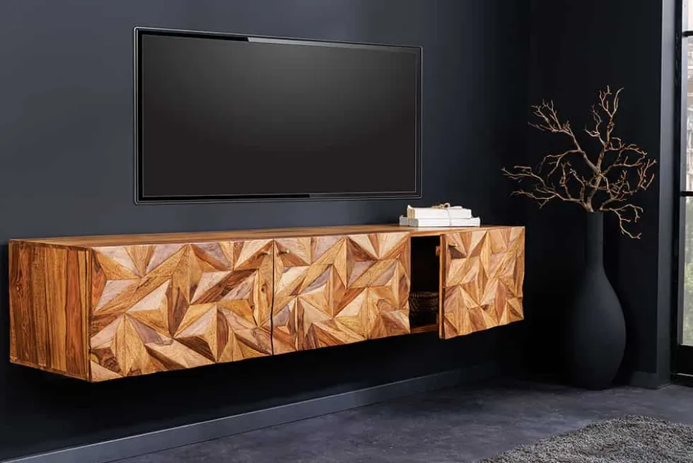 Hängendes TV-Lowboard ALPINE 160cm braun Sheesham Massivholz stone finish Metall gold