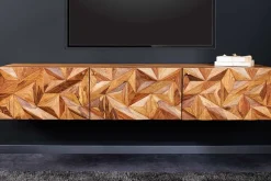 Hängendes TV-Lowboard ALPINE 160cm braun Sheesham Massivholz stone finish Metall gold