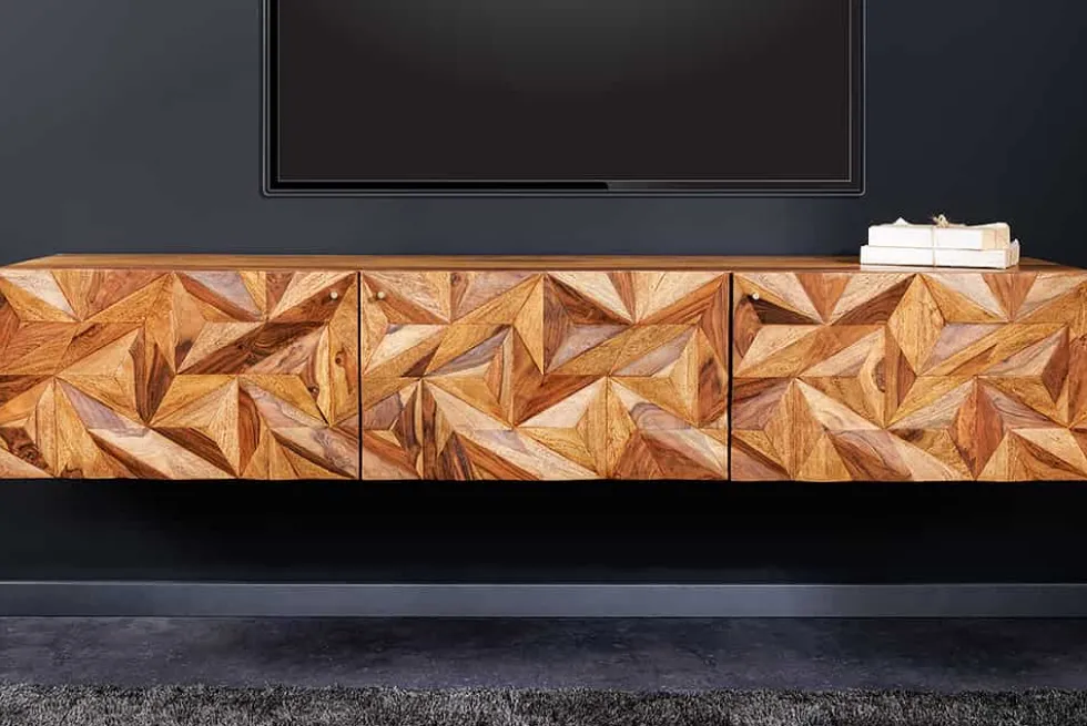 Hängendes TV-Lowboard ALPINE 160cm braun Sheesham Massivholz stone finish Metall gold