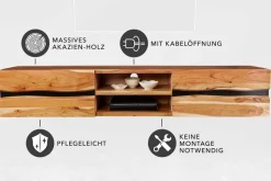 Hängendes TV-Lowboard AMAZONAS 160cm natur Akazie Massivholz Baumkante Metall schwarz