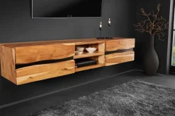 Hängendes TV-Lowboard AMAZONAS 160cm natur Akazie Massivholz Baumkante Metall schwarz