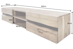 Hängendes TV-Lowboard AMAZONAS 160cm natur Akazie Massivholz Baumkante Metall schwarz