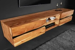 Hängendes TV-Lowboard AMAZONAS 160cm natur Akazie Massivholz Baumkante Metall schwarz