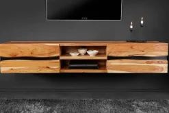 Hängendes TV-Lowboard AMAZONAS 160cm natur Akazie Massivholz Baumkante Metall schwarz