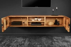 Hängendes TV-Lowboard AMAZONAS 160cm natur Akazie Massivholz Baumkante Metall schwarz
