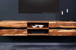 Hängendes TV-Lowboard AMAZONAS 160cm braun Sheesham Massivholz Baumkante Metall schwarz