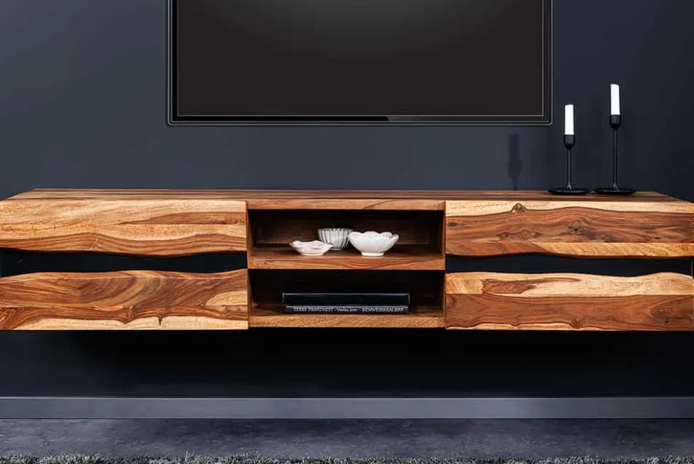 Hängendes TV-Lowboard AMAZONAS 160cm braun Sheesham Massivholz Baumkante Metall schwarz