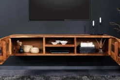 Hängendes TV-Lowboard AMAZONAS 160cm braun Sheesham Massivholz Baumkante Metall schwarz