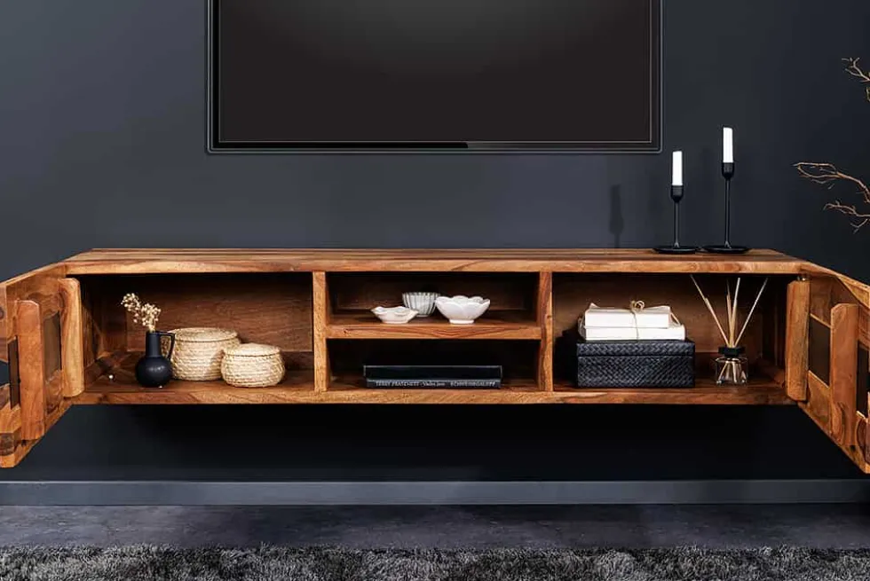 Hängendes TV-Lowboard AMAZONAS 160cm braun Sheesham Massivholz Baumkante Metall schwarz