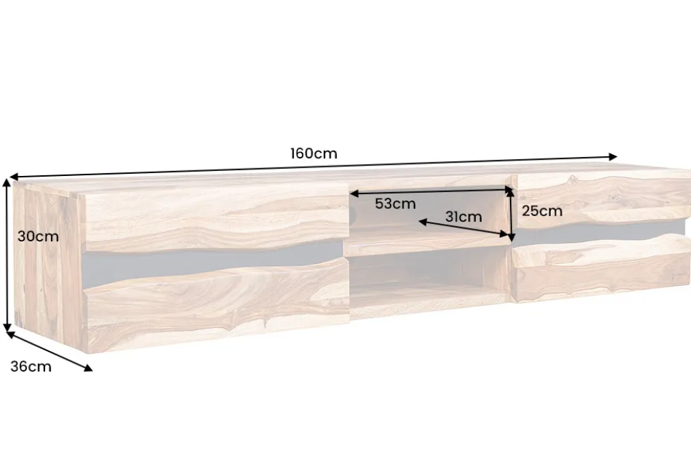 Hängendes TV-Lowboard AMAZONAS 160cm braun Sheesham Massivholz Baumkante Metall schwarz