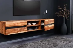 Hängendes TV-Lowboard AMAZONAS 160cm braun Sheesham Massivholz Baumkante Metall schwarz